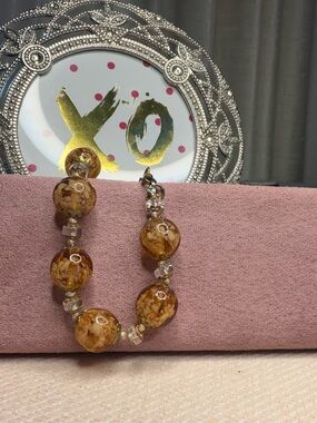 Unbranded Lampwork Bead Bracelet Women 7.5" Amber Gold Foil Murano Style Vintage